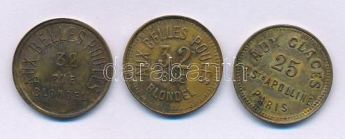 Franciaország DN(~1930) "Monnaie de Singe / Aux Glaces Paris" Cu zseton (22mm) + DN "Aux Belles Poules" rézzel bevont karton bordélyházi zseton (2xklf) (nagy számjegyes + kis számjegyes) T:XF-VF, patina, egyiken lemez leválás France ~1930. "Monnaie de Singe / Aux Glaces Paris" Cu token (22mm) + DN "Aux Belles Poules" brass clad cardboard brothel token (2xdiff) (large digit + small digit) C:XF-VF, patina, slightly detach plate