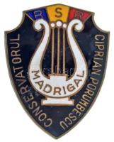 Románia ~1960. "RSR - Conservatorul Ciprian Porumbescu - Madrigal (Román Szocialista Köztársaság - Ciprian Porumbescu Konzervatórium - Madrigál)" zománcozott bronz dalos jelvény (21x27mm) T:AU Romania ~1960. "RSR - Conservatorul Ciprian Porumbescu - Madrigal (Socialist Republic of Romania - Ciprian Porumbescu Conservatory - Madrigal)" zománcozott bronz dalos jelvény (21x27mm) C:AU