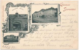 1899 (Vorläufer) Csíkszereda, Szereda, Mercurea Ciuc; Gyimesi vasútállomás, Megyeház, Györgyjakab Márton könyvnyomdája, könyvkereskedés üzlete és a "Csiki Lapok" kiadója. Adler Alfréd fényképész / Ghimes railway station, county hall, publishing house and printing shop. Art Nouveau, floral (fl)