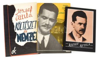 3 db József Attilával kapcsolatos könyv és album: Fodor András: Szólj költemény. József Attila élete és költészete. Bp., 1971, Móra. Kiadói kartonált papírkötés, az elülső szennylapon ajándékozási bejegyzéssel. + József Attila: Költészet és nemzet. Bp., 1989, Bethlen Gábor Könyvkiadó. Kiadói papírkötés. + József Attila album. Bp., 1989, Múzsák, 20 (képtáblák) t. Kiadói papírborítóban.