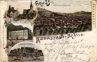 1899 (Vorläufer) Brassó, Kronstadt, Brasov; Ref. Kirche und Pfarrhaus, Staats-Oberrealschule, Springbrunnen im Rudolfspark / Református templom és plébánia, Állami felső reáliskola, szökőkút a Rudolf parkban / Calvinist church and parish, school, fountain in the park. Gabony &amp; Co. Art Nouveau, floral, litho (b)