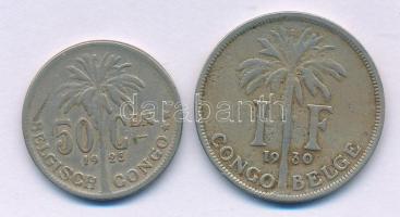 Belga-Kongó 1925. 50c Cu-Ni "I. Albert" + 1930. 1Fr "I. Albert" Cu-Ni T:VF-F, patina Belgian Congo 1925. 50 Centimes Cu-Ni "Albert I" + 1930. 1 Franc "Albert I" Cu-Ni C:VF-F, patina Krause KM#20, KM#23