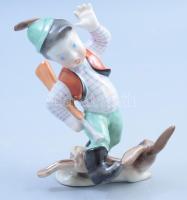 Herendi fiú nyúllal, kézzel festett, jelzett, hibátlan, 13 cm