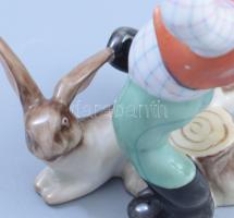 Herendi fiú nyúllal, kézzel festett, jelzett, hibátlan, 13 cm