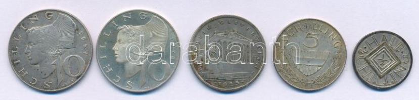 Ausztria 1925. 1/2Sch Ag + 1Sch Ag + 1957. 10Sch Ag + 1961. 5Sch Ag + 1970. 10Sch Ag T:XF, patina Austria 1925. 1/2 Schilling Ag + 1 Schilling Ag + 1957. 10 Schilling Ag + 1961. 5 Schilling Ag + 1970. 10 Schilling Ag C:XF, patina