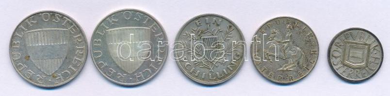 Ausztria 1925. 1/2Sch Ag + 1Sch Ag + 1957. 10Sch Ag + 1961. 5Sch Ag + 1970. 10Sch Ag T:XF, patina
A...