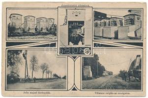 1916 Zsombolya, Hatzfeld, Jimbolia; Nagyközség elektromos műve Ganz-féle villamossági részvénytársaság üzemvezetősége, áramátalakító állomások, Julia majori távvezeték, Villamos cséplés az országúton. Kolár kiadása / Ganz Electric Works' power converting stations, power lines and electric treshing machines on the road. Art Nouveau (r)
