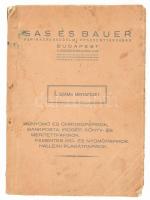 cca 1920-1930 Sas és Bauer Papírkereskedelmi Rt. Budapest I. számu mintafüzet. Műnyomó és chromopapírok, bankposta, írógép, könyv- és merített papírok. Famentes író- és nyomópapírok. Halleini plakátpapírok. hn., én., nyn., 138 sztl. lev. Papírkötés, szakadt gerinccel és szakadozott borítóval, kopott, foltos borítóval, 3 lapon kivágással, néhány helyen (kb. 5 lap) gyerekrajzzal.
