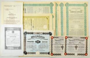 44db-os vegyes részvény másolat, köze főleg "Hungária Villamossági Részvénytársaság" + "Budapesti Közúti Vaspálya Társaság", közte 1db "Hungéria-Weienerberger Téglaipari Rt." eredeti részvény T:AU,XF