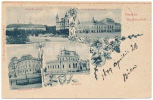 1899 (Vorläufer) Nagyvárad, Oradea; mozaiklap 4 képpel: Püspöki palota, Kereskedelmi csarnok, Törvényszéki palota, Múzeum. Ifj. Berger Sámuel kiadása / bishop's palace, trade hall, court, museum. Art Nouveau, floral (fl)