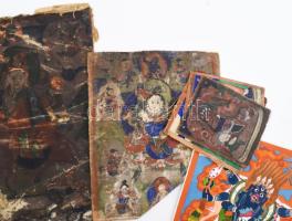 12 db thaiföldi vallásos buddhista tangka, többségében régi, részben sérült vagy foltos, 4x3,5 és 21...