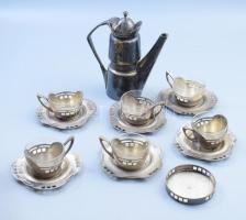 Argentor alpakka szecessziós mokkás szett. 6 csésze, aljjal és üveg betétttel. Jelzettek hozzá alj nélküli kanna és egy kis tálka