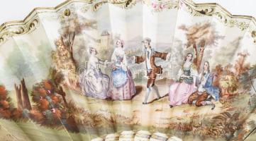 2 db antik legyező: Gyöngyház, kézzel színezett litográfia, egyik sérült, ezüst? berakással. 28 cm