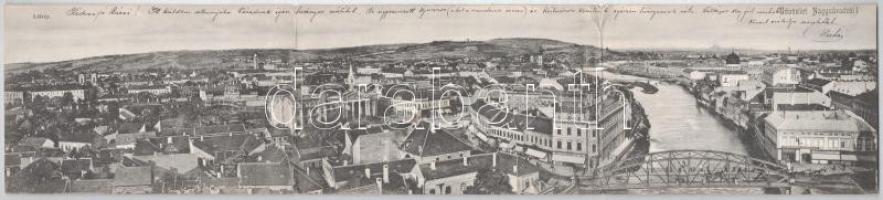 Nagyvárad, Oradea; látkép, templom, híd, zsinagóga, Gazdasági Iparbank, Janky Antal, Strohmayer Pál, Neumann M., Moskovits Szidor üzlete. Sebő Imre kiadása. 3-részes kihajtható panorámalap / general view, church, bridge, synagogue, bank, shops, 3-tiled folding panoramacard (hajtásnál szakadt / torn at fold)