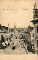 Nagyvárad, Oradea; Fő utca, templom, bazár, könyv- és papírkereskedés, üzletek. A. Sonnenfeld kiadása / street, church, shops (EK)