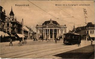 1907 Nagyvárad, Oradea; Bémer tér a Szigligeti Színházzal, villamos, üzletek. W. L. 960. / square, theatre, tram, shops (kopott sarkak / worn corners)