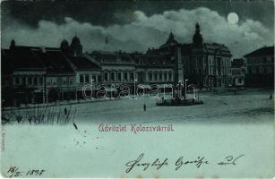 1898 (Vorläufer) Kolozsvár, Cluj; tér éjjel, emlékmű, Akontz Sándor, Wolff J. gyógyszertára, Daniel Antal, Hubay Károly, Bányai Sámuel és fia, Kováts P. Fiai üzlete és saját kiadása / square at night, monument, shops, pharmacy (EB)