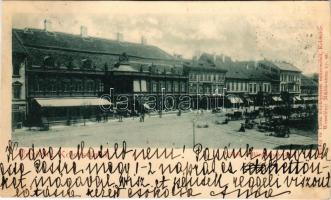 1899 (Vorläufer) Kolozsvár, Cluj; Fő tér a Bánffy palotával, Böckel, Kováts P. fiai üzlete, Erdélyi Bank. A levél címzettje: Unger Emilné Ruisz Matild, a numizmatikai szakkönyveket író Unger Emil (1926-1999) nagyanyja. Ferencz és társa kiadása / main square, palace, shops, bank (vágott / cut)