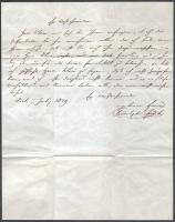 1849.VII.7. Pest, Fuchs Rudolf (1809-1892) kereskedő, újságíró, alapítója s társtulajdonosa az első magyar dohány- és szivargyárnak, autográf német ny. levele a szabadságharc idejéből, fél beírt oldal Fuchs Philips és Társok Pest céges fejléces papíron, egy Lang n. címzettnek küldve