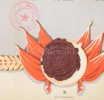 1952 Szocreál grafikával díszített oklevél a vállalat legjobb gépírónője részére, hajtott