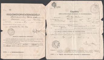 1938-46 Bp. és Szerencs, 2 db rádióvevő engedély, egyik a pengő infláció korszakából, lap széle kissé sérült