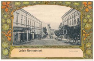 Marosvásárhely, Targu Mures; Bolyai utca, Kőnig Károly fodrászterme, Schmidt S. Fia zongoraterme, üzletek. Holbach Ede kiadása / street, shops. Art Nouveau, floral, litho (EK)