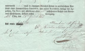 1852 Óbuda (Altofen), adóslevél (Schuld-Schein), 2 db szárazbélyegzővel, 10 krajcár nyomatott okmány...