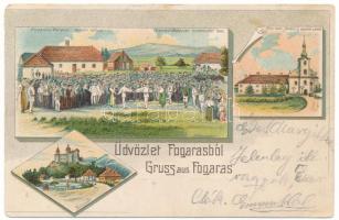 1906 Fogaras, Fagaras; Galaci román tánc, római katolikus ferences rendiek zárda, Törcsvár / Romanian dance, folklore, Franciscan nunnery, castle. Art Nouveau, litho (EK)