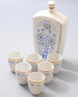 Hollóházi pálinkás készlet, Kézzel festett, jelzett, egy pohár sérült, hat személyes