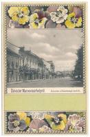 Marosvásárhely, Targu Mures; Széchenyi tér, részlet, üzletek. Holbach Ede kiadása / square, shops. Art Nouveau, floral, litho