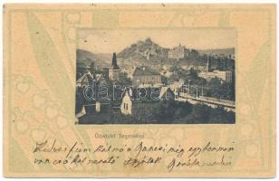 1902 Segesvár, Schässburg, Sighisoara; látkép, vár, kastély, templom. Teutsch Frigyes kiadása / general view, castle, church. Art Nouveau, floral (gyűrődés / crease)