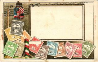 A Magyar kir. Posta bélyegei és magyar címer. Dombornyomott / Set of Hungarian stamps, coat of arms. Ottmar Zieher Philatelie-Ansichtskarte. Art Nouveau, Emb. litho (fl)