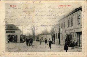 1912 Tövis, Teius; Fehérvári utca, Popa Testvérek üzlete, Gazdasági Bank / street view, shops, bank (fl)