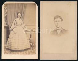 cca 1865-70 Hölgy és fiatal férfi portréja, 2 db keményhátú fotó Alkér Ede budavári műterméből, hölgy portré teteje körbevágva, 10x6,5 cm