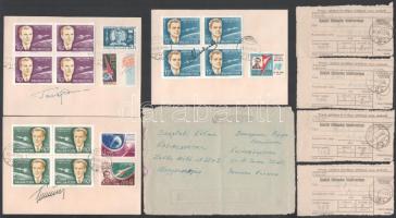 1963 Jurij Alekszejevics Gagarin (1934-1968), Andrijan Grigorjevics Nyikolajev (1929-2004) és German Tyitov (1935-2000) szovjet űrhajósok autográf aláírása bélyegekkel ellátott lapokon, hozzá mellékelve az űrhajósoknak küldött levelek postai feladóvevényei, valamint a Gagarin által aláírt lapot bemutató újságcikk / Autograph signatures of Yuri Alekseyevich Gagarin (1934-1968), Andrian Grigorievich Nikolaev (1929-2004) and German Titov (1935-2000) Soviet astronauts