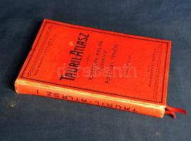 Tauril-atlasz. Az Osztrák-Magyar Monarchia automobil-térképe. Mérték: 1:600,000. 1. kötet [Unicus, több nem jelent meg.] Budapest, [1910 körül]. Tauril-Pneumatik Rt. (Hölzel Ed., Bécs). [4] + 6 + [8] p. + 51 térkép (színes, dupla oldalas térképek átnézeti térképpel és I-L-ig számozva). Egyetlen kiadás. 1910 körül kiadott térképünk az annektált Boszniával kiegészített Osztrák-Magyar Monarchia teljes területének közúti viszonyaira koncentrál. Közlekedési atlaszunk számos meglepetéssel szolgál. A rang szerint is kódolt elsőrendű, másodrendű és alsóbbrendű, valamint az automobilos közlekedés számára tiltott utak feltüntetésén kívül tanulmányozhatjuk a birodalmi vasúthálózat 1910 körüli fejlettségét, a településhálózatot, a birodalom vízrajzát és hegyrajzát, ez utóbbit színkódolás nélkül, a hegységnevek és az útszakaszok emelkedési szögének feltüntetése segítségével. Térképünk a Monarchia tartományainak általános közlekedési rendjét is feltünteti. Míg a szomszédos államok (Svájc, Németország, Oroszország, Románia és Olaszország) egységesen jobb oldali közlekedési rend mellett döntöttek, a Monarchia tartományainak többségében bal oldali közlekedési rend volt érvényben (Csehország, Alsó- és Felső-Ausztria, Salzburg, Stájerország, Bukovina és Galícia, Magyarország, Horvátország, Dalmácia, Bosznia, Hercegovina), de a délnyugati tartományokban (Tirol, Karintia, Görz, Isztria) jobb oldali közlekedési rendet tartottak. Egy Graz-Dubrovnik-autóút esetén tehát az osztrák úrvezető kétszer kényszerült oldalváltásra; a magyar korona országaiban a rendszer egységesebb volt. Atlaszunk színkódolással kiemeli az automobilok számára különösen veszélyes útszakaszokat. Budapest környékén az elsőrendű utak rendszere jelentősen eltér a maitól: Székesfehérvár felé Bicskén és Lovasberényen vezet az út, Bécs felé az út a Dorogi-árkon át húzódik (nem Bánréve-Tata felé), és míg Hatvan-Gyöngyös-Debrecen irányába egyértelmű a főutak rendszere, a Szolnok felé vezető főút Vecsés határában elakad, az ország déli vidékeire vivő utak pedig (az 5-ös és 6-os utak) a Duna vonalát követik, szorosan. A címlapon és néhány térkép verzóján régi tulajdonosi bélyegzés, illetve bejegyzés. Példányunk fűzése meglazult, számos térkép kijár. Feliratozott, enyhén sérült gerincű kiadói egészvászon kötésben.