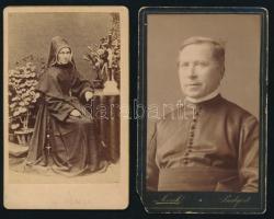 cca 1880 Apáca és pap portréja, 2 db keményhátú fotó Lovich budapesti műterméből (pap) és jelzés nélkül (apáca), apáca portré hátoldalán korabeli német ny. felirattal (nehezen olvasható névvel és "Frohsdorf" felirattal), pap portré kartonja bal alsó sarkában sérült, 11x7 cm körüli méretben