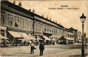 1915 Újvidék, Novi Sad; Erzsébet szálloda, Löwy Mátyás és társa divatáruház, Obermüller, Svetozar Milovanovic üzlete. Urbán Ignác kiadása / Hotel Elisabeth, shops + "K.U.K. MILITäR-ZENSURKOMMISSION ÚJVIDÉK" (fa)