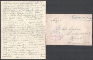 1944 Bánhidi László tábori postával küldött levele családjának, feleségéhez és kislányához, Anikóhoz, négy beírt oldal, eredeti borítékban