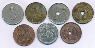 Belgium / Gent DN "Hotel Elisabeth Gand St. Pierre", "5", "10", "15", "16", "20", "25" és "30" névértékű fém szükségpénzek (összesen 7xklf) T:VF, patina Belgium / Gent ND "Hotel Elisabeth Gand St. Pierre", metal necessity money with value of "5", "10", "15", "16", "20", "25" and "30" (7xdiff at all) C:VF, patina