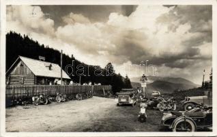 Niederalpl pass with the restaurant of Heinrich Mayer with automobiles and motorbikes photo