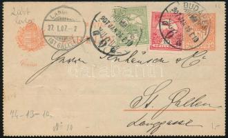 1907 Díjkiegészített díjjegyes zárt levelezőlap külföldre küldve / PS-card with additional franking sent abroad
