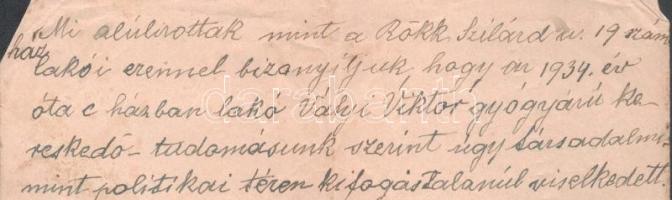 1949 Rökk Szilárd utca 19. szám lakóinak aláírása Vályi Viktor számára kifogástalan viselkedését iga...