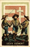 1928 Légy résen! A Magyar Cserkész Szövetség hivatalos lapja, a "Magyar Cserkész" kiadása. A m. kir. állami térképészeti intézet nyomása / Hungarian irredenta boy scout art postcard s: Hampel-Scharf