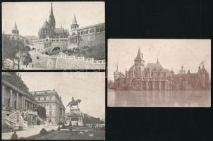 Budapest, 3 db régi fotónyomat (leporellóból): Vajdahunyad vára, Mátyás-templom a Halászbástyával, Savoyai Jenő lovasszobra a Budai Várban. 9x14 cm