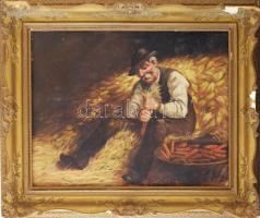 Ott Zoltán (1881-?): Kukoricahántás. Olaj, vászon. Jelezve jobbra lent. 40,5x50 cm. Dekoratív, sérült fakeretben.