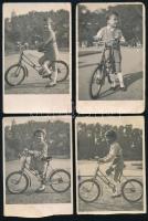 cca 1930-1950 Kerékpározó gyerekek, 4 db fotólap, változó állapotban, 13x8,5 cm körül