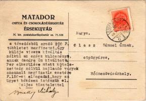 1943 Érsekújvár, Nové Zámky; Matador ostya- és csokoládéárugyár reklámja. Rajta levél főnöki aláírással / wafer and chocolate factory advertisement (EK)