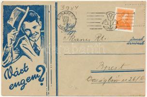 1934 Budapest V. "Várt engem?" Dörge Frigyes Bank Rt. ügynöke az ajtóban, reklám. Kossuth Lajos utca 4. (boríték) / Hungarian bank's advertising envelope
