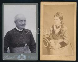 cca 1880-1900 Fiatal hölgy és pap portréja, 2 db keményhátú miskolci műtermekből (Szinay és Társa valamit Stern Soma), 10x6 cm